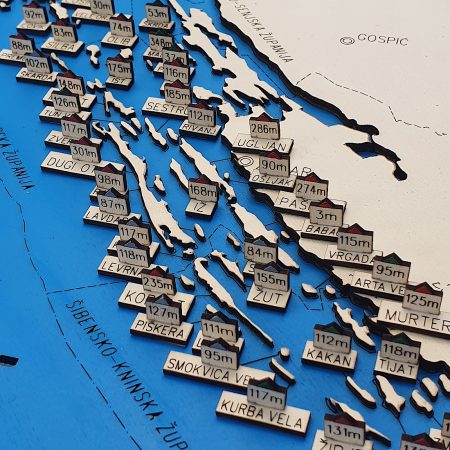 Detailed wooden map of Croatian islands with engraved island names